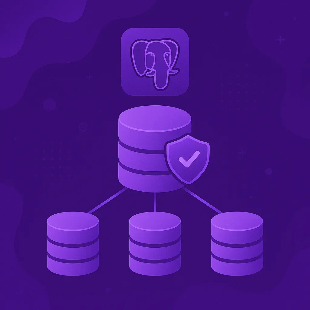 PostgreSQL High Availability Architecture - Primary database with shield protection connected to three replica databases showing streaming replication, automatic failover, and data redundancy for 99.99% uptime guarantee