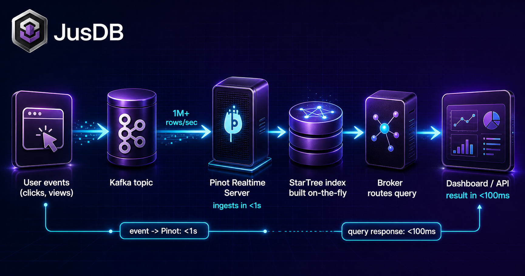 Apache Pinot real-time ingestion pipeline diagram showing Kafka to dashboard in under 100ms
