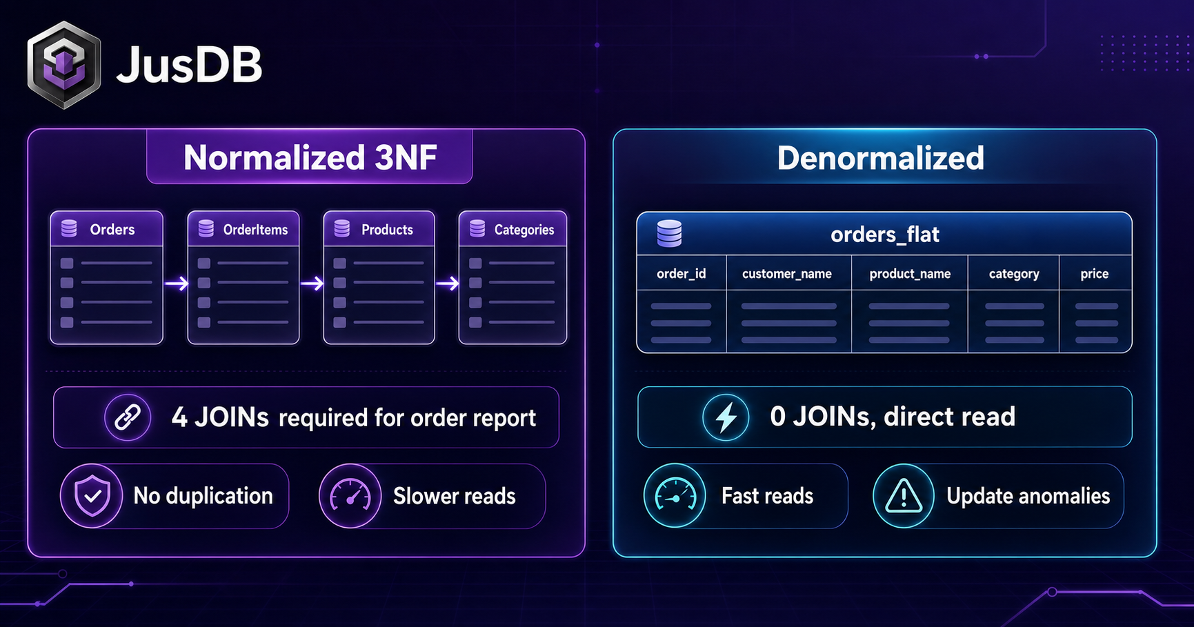 Database normalization vs denormalization schema comparison diagram
