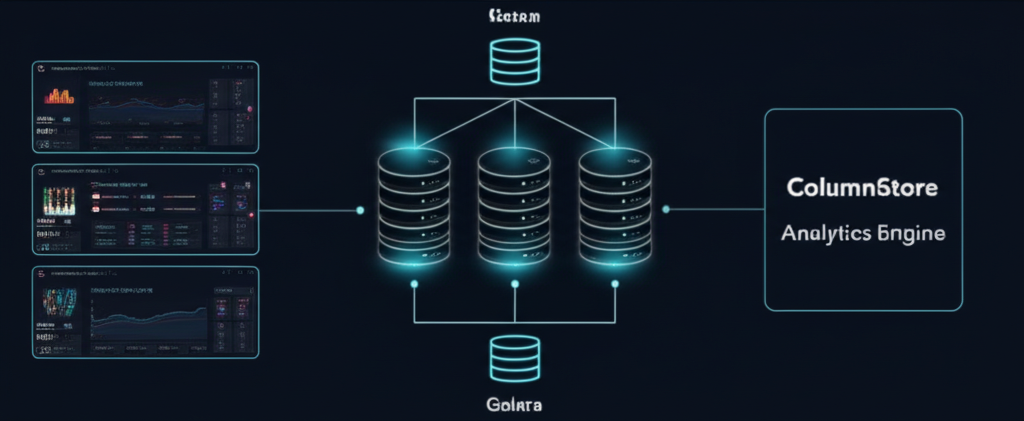 MariaDB database infrastructure showing Galera cluster, ColumnStore analytics, and monitoring dashboards for comprehensive database consulting services