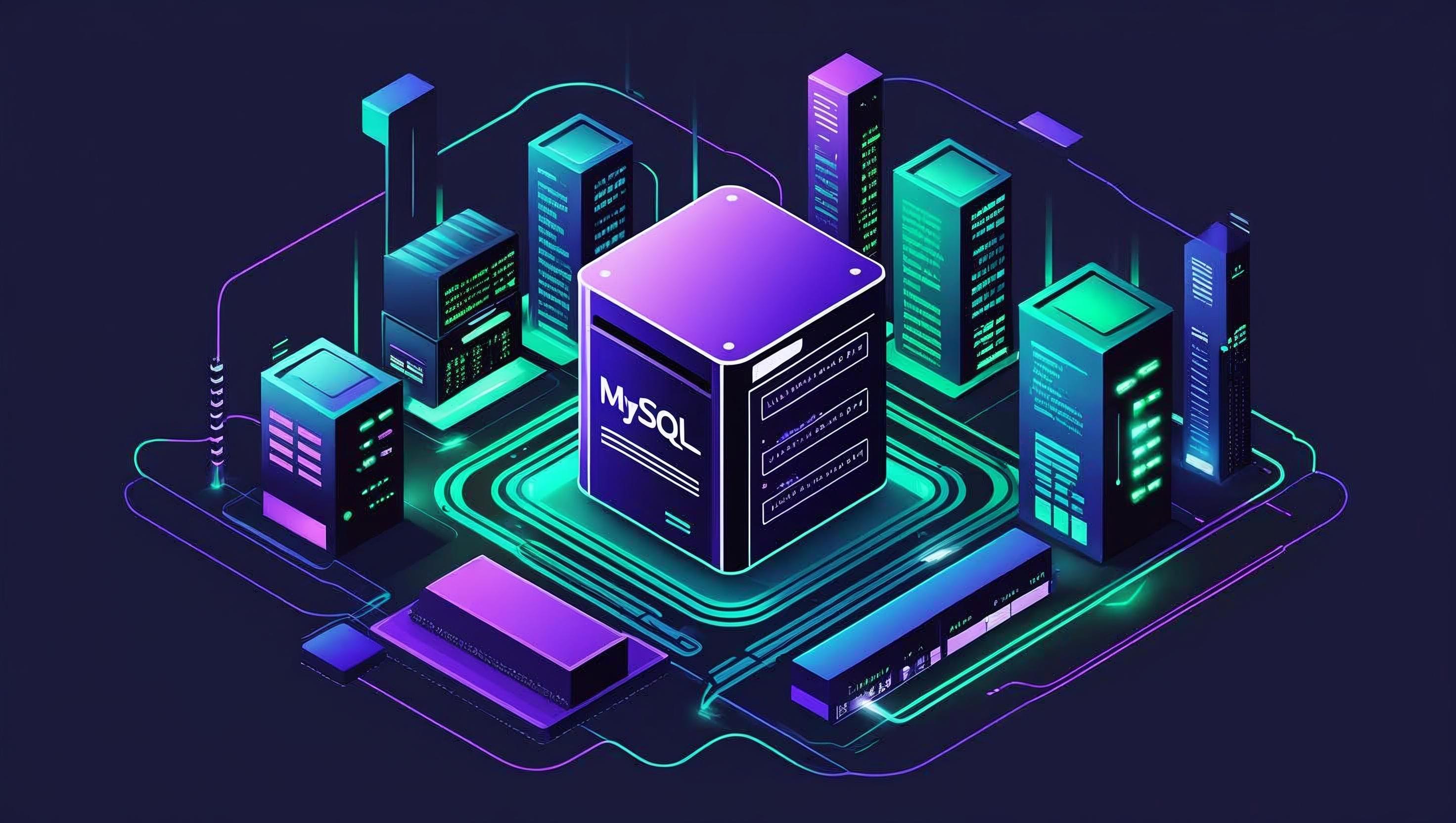 MySQL database infrastructure with servers, monitoring dashboards, and network connections showing comprehensive database consulting services